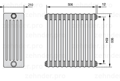 Схема (чертеж) Радиатор Zehnder Charleston 6090/11 №7610 Белый глянцевый RAL 9016